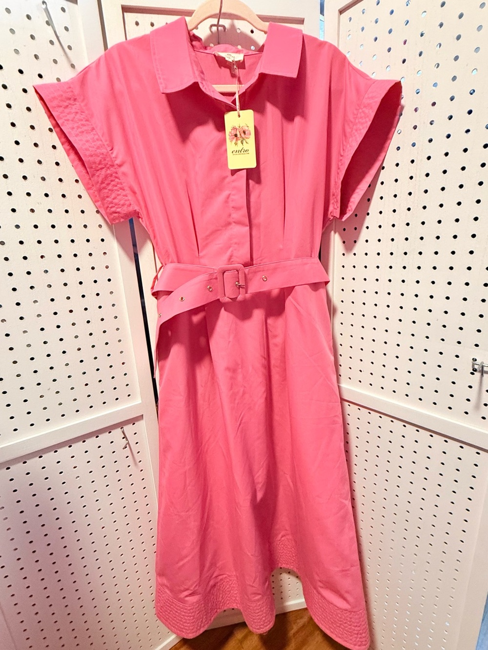 NWT Entro Bubblegum Pink Belted Midi Shirt Dress - Size L